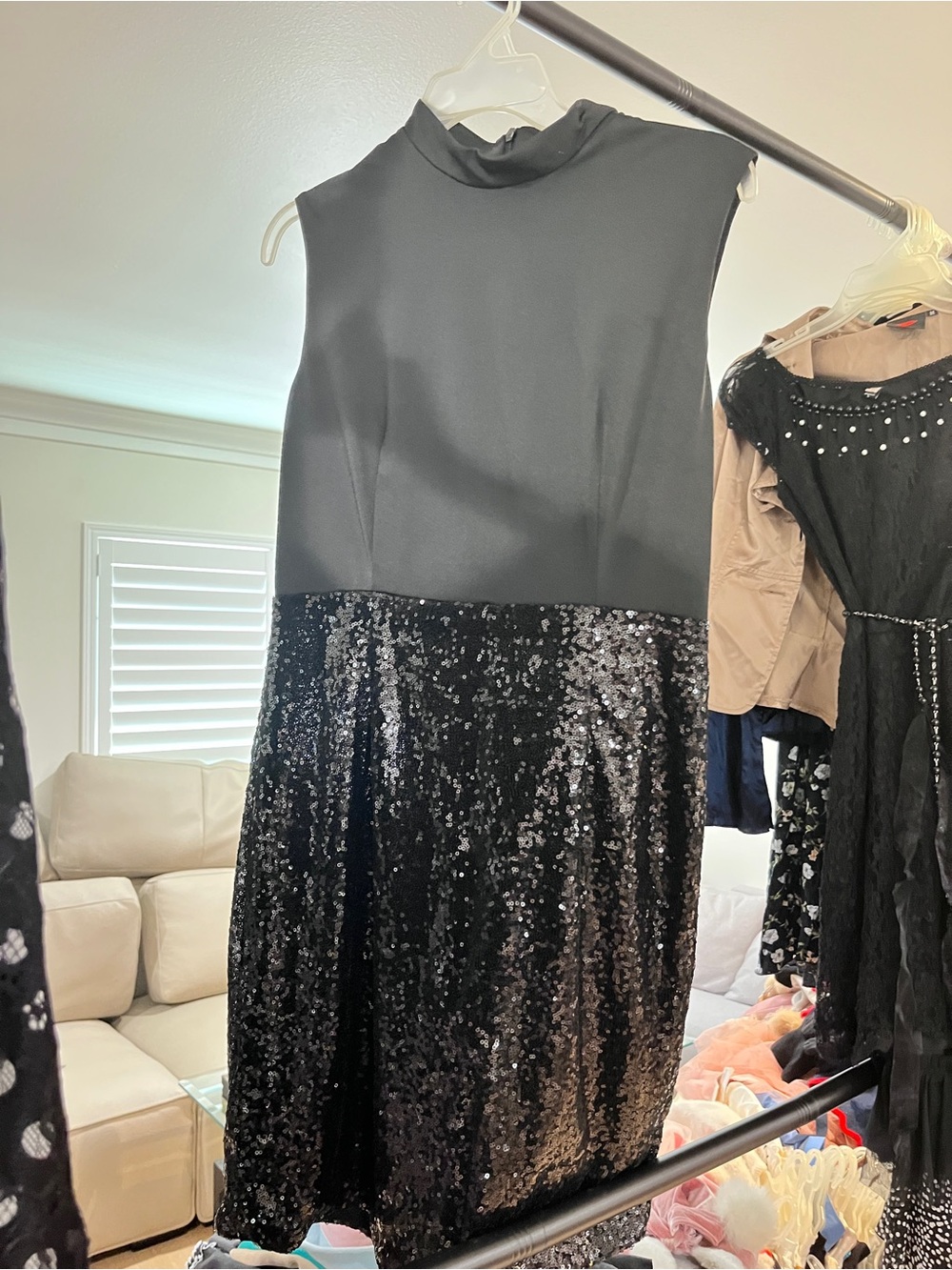 Sleeveless Black Sequin Midi Dress with Mock Neck